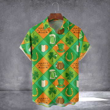 Happy St. Patrick's Day Hawaiian Shirt With Pocket Lucky Clover And Gold Coins Irish Shirt