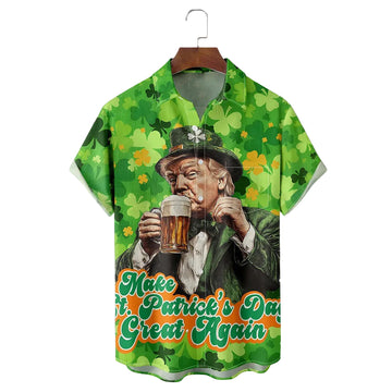 Make St Patrick's Day Great Again 2026 Drinking Hawaiian Shirt With Pocket Patrick's Day Shirt