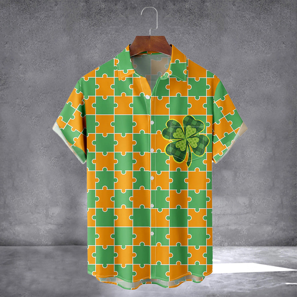 Lucky Clover Puzzle Pieces Hawaiian Shirt With Pocket Cute St Patricks Day Shirts Gifts For Son