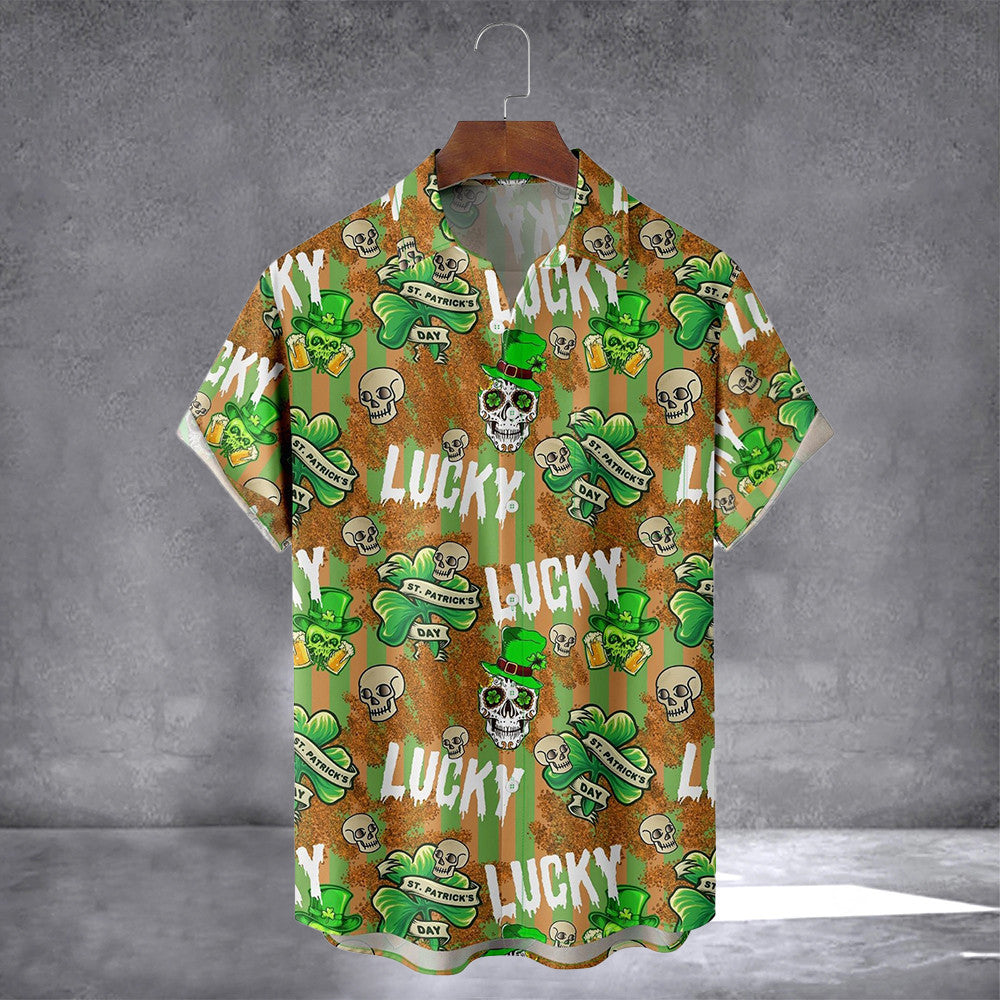 St. Patrick's Day Shamrock Beer Skull Hawaiian Shirt With Pocket Irish Button Up Shirt Gift