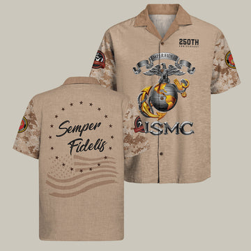 US Marines 250Th Anniversary Camo Hawaiian Shirt Semper Fidelis Veteran Merch Gifts Ideas