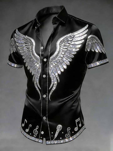 Michael Jackson Merch Movie MJ Angel Wings Sparkle Button Shirt Short Sleeve Gift For MJ Lovers