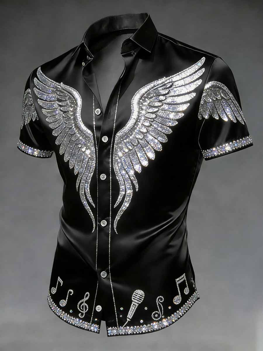 Michael Jackson Merch Movie MJ Angel Wings Sparkle Button Shirt Short Sleeve Gift For MJ Lovers