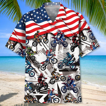 Dirt Bike Racing Hawaiian Shirt USA Flag Patriotic Clothing Independence Day Gifts