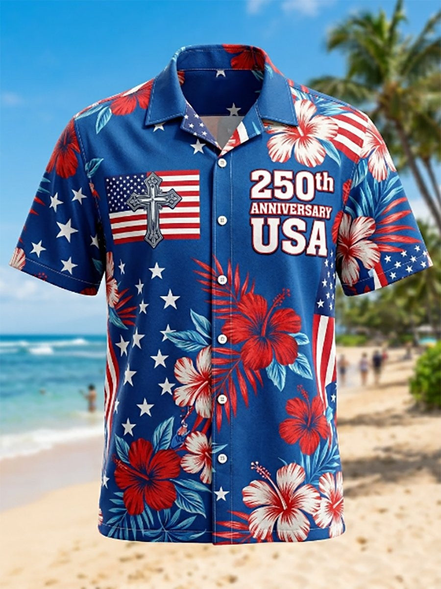 USA 250th Anniversary Hawaiian Shirt Tropical Faith Cross Aloha Shirt Patriotic Clothing Men's