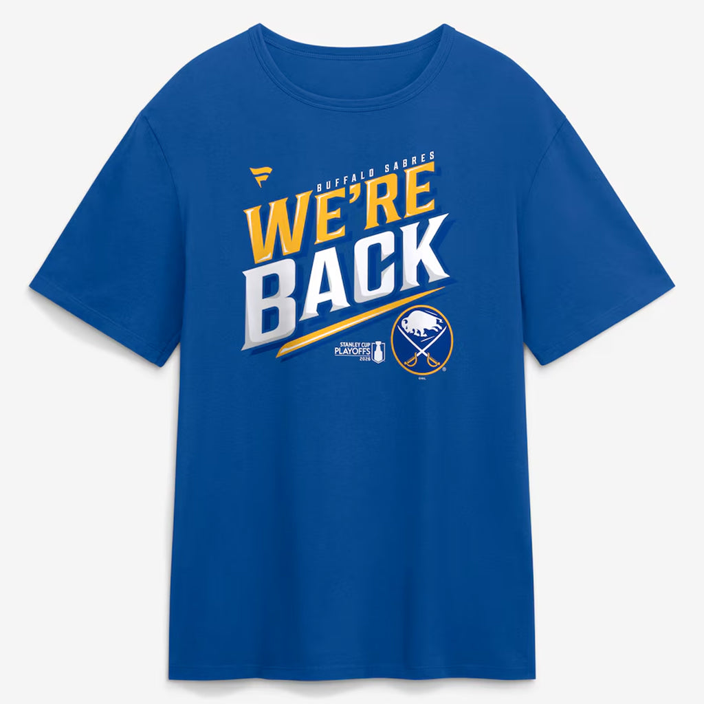 Buffalo Sabres Royal 2026 Stanley Cup Playoffs Hometown Slogan We're Back T-Shirt
