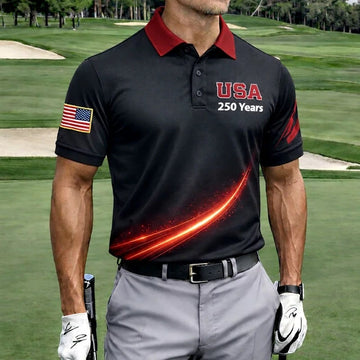 USA 250 Years Patriotic Golf Polo Shirt American Flag Independence Apparel 4th of July Gift