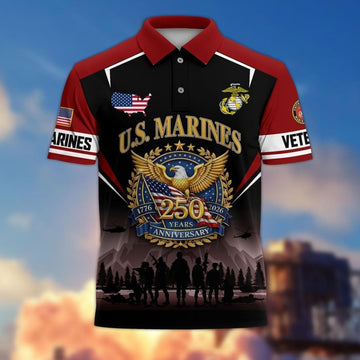 US Marines Veteran 250 Years Anniversary Polo Shirt Men's USMC Merch Gifts For Patriots