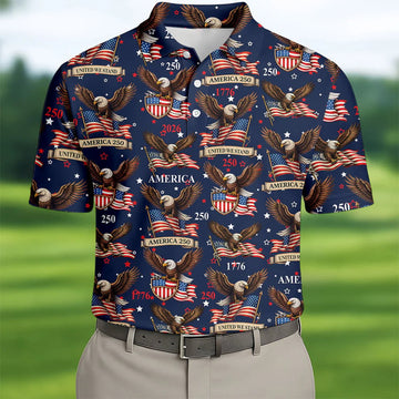 America 250 American Flag Badge Eagle Polo Shirt Patriotic Golf Apparel for Men