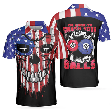 Smash Your Balls Billiards American Flag Skull Polo Shirt