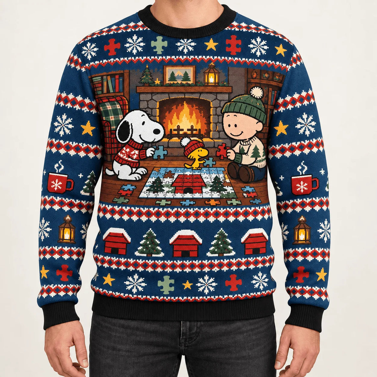 Snoopy Winter Cabin Puzzle Night Ugly Christmas Sweater