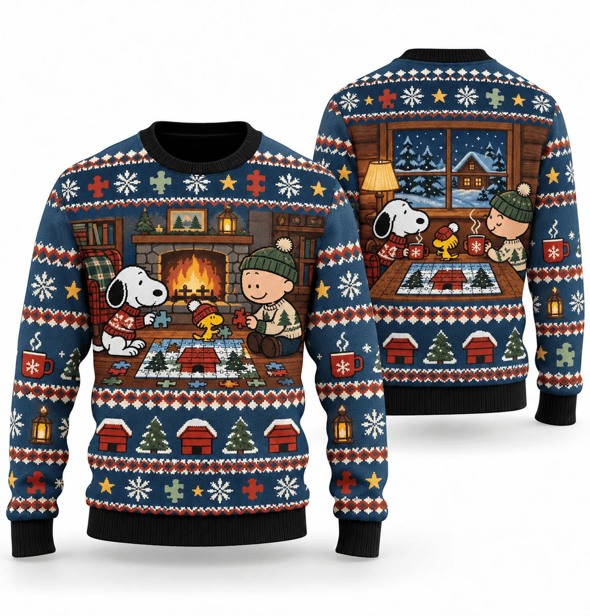 Snoopy Winter Cabin Puzzle Night Ugly Christmas Sweater
