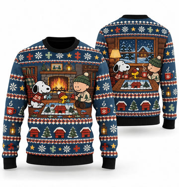 Snoopy Winter Cabin Puzzle Night Ugly Christmas Sweater