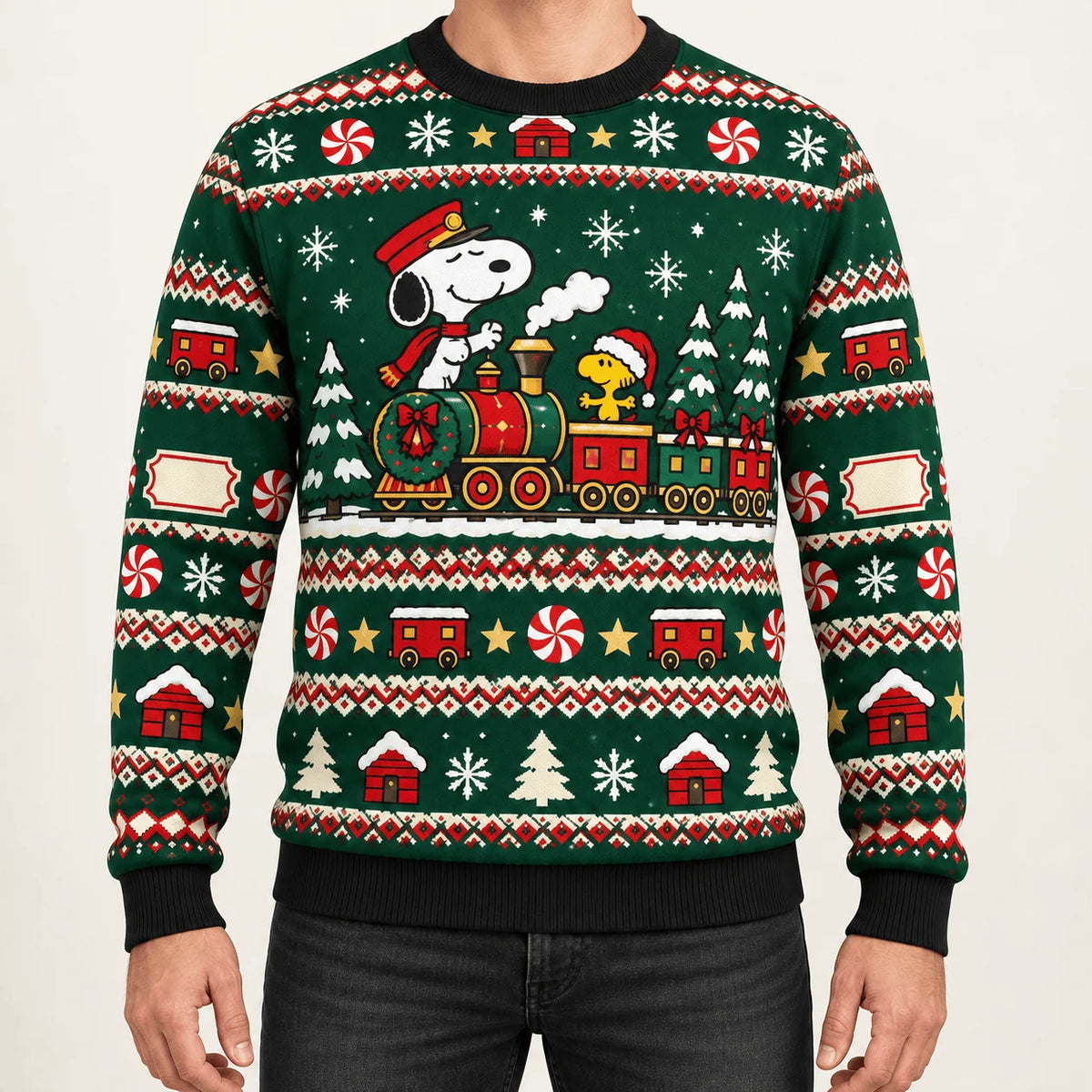 Snoopy Peppermint Holiday Train Ugly Christmas Sweater