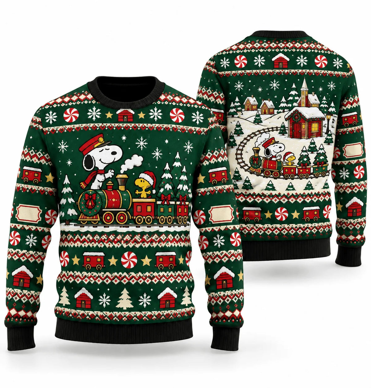 Snoopy Peppermint Holiday Train Ugly Christmas Sweater