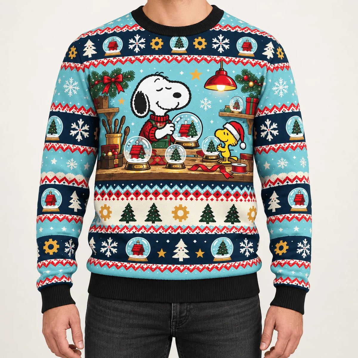 Snoopy Snow Globe Workshop Ugly Christmas Sweater