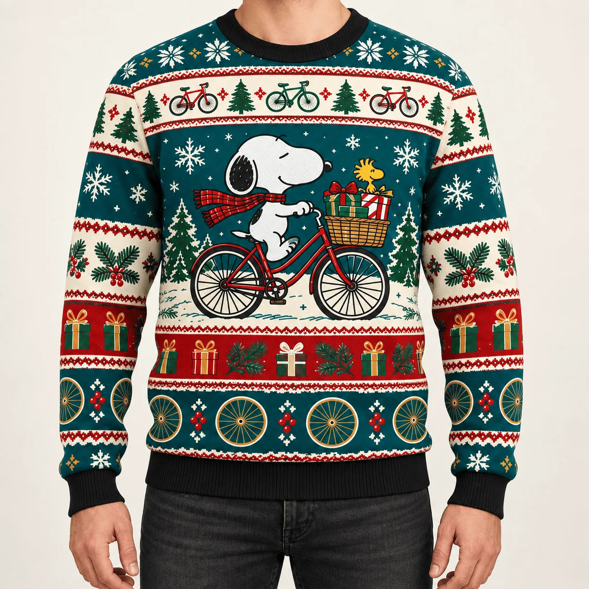 Snoopy Winter Cycling Delivery Ugly Christmas Sweater