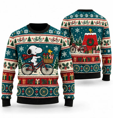 Snoopy Winter Cycling Delivery Ugly Christmas Sweater