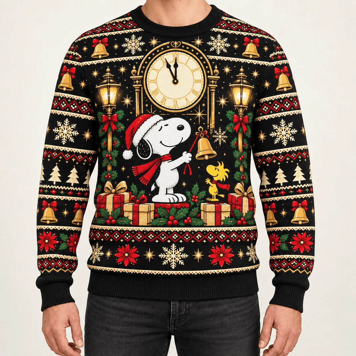 Snoopy New Year Clocktower Ugly Christmas Sweater