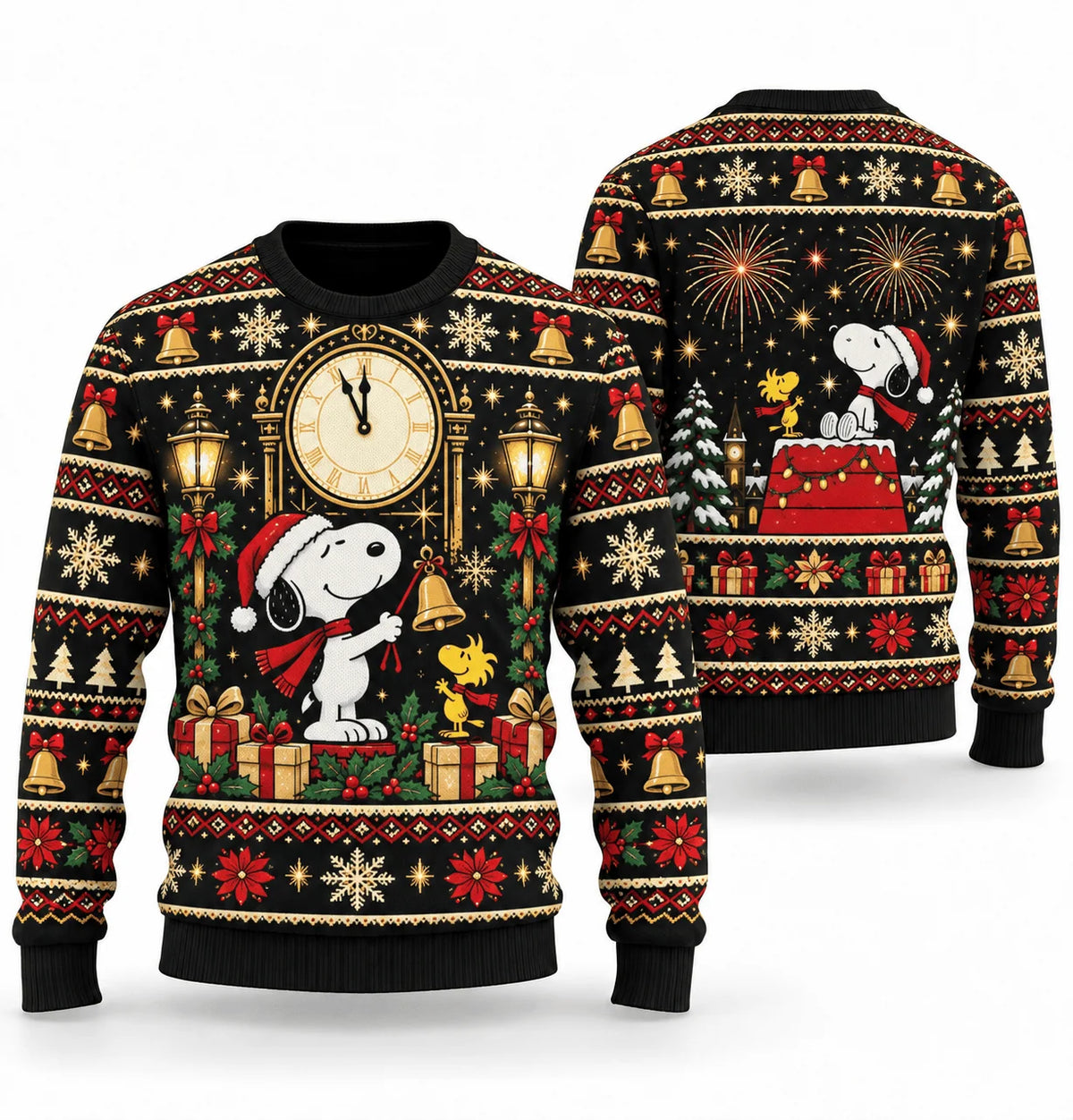 Snoopy New Year Clocktower Ugly Christmas Sweater