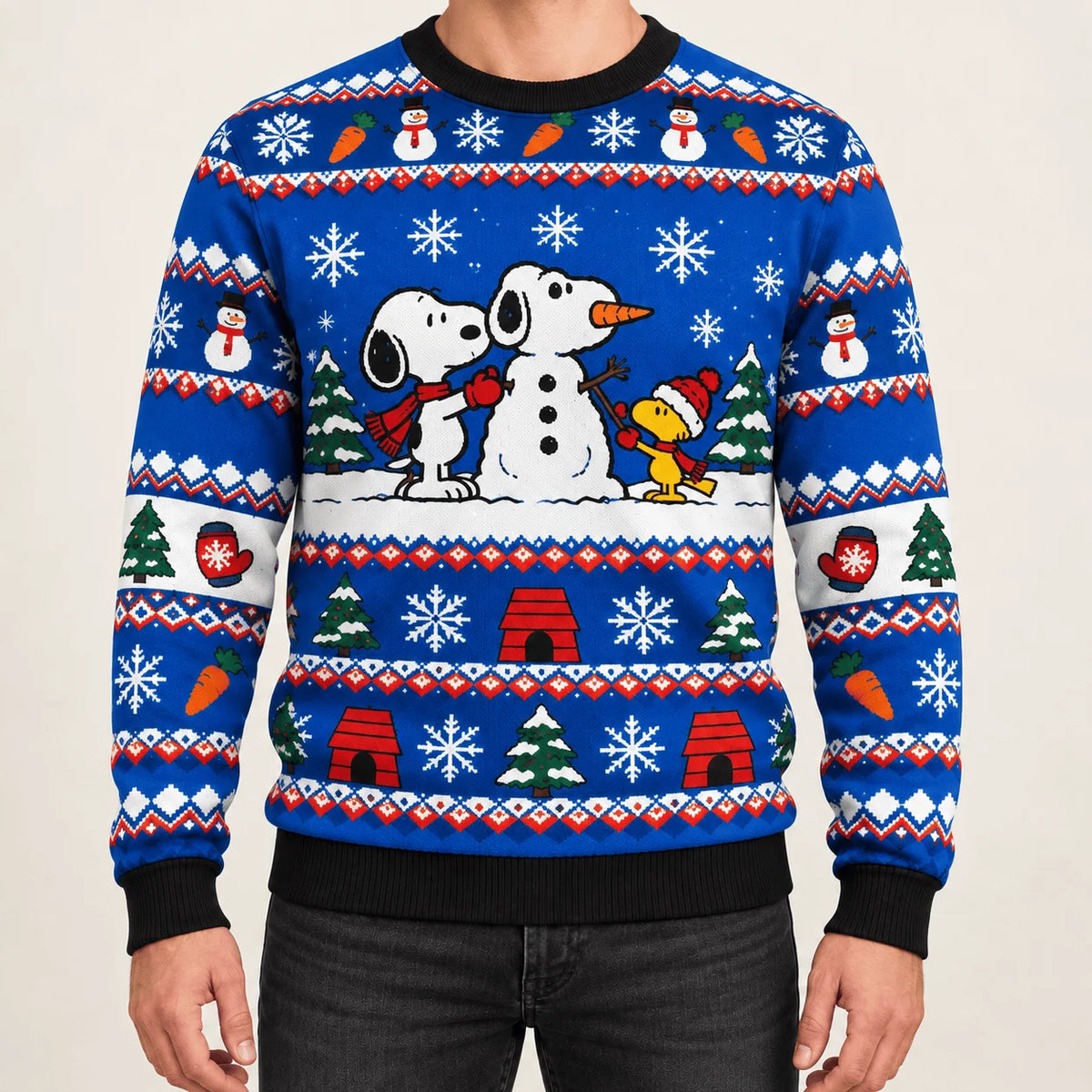 Snoopy Snowman Building Contest Ugly Christmas Sweater