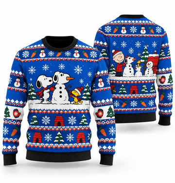 Snoopy Snowman Building Contest Ugly Christmas Sweater