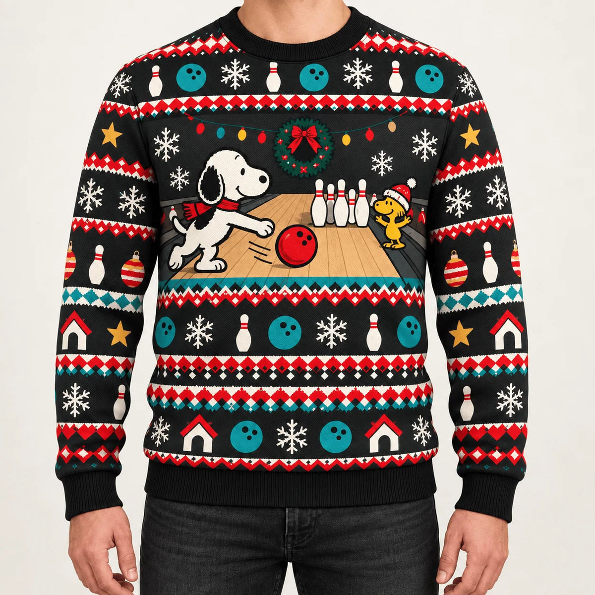 Snoopy Retro Holiday Bowling Night Ugly Christmas Sweater