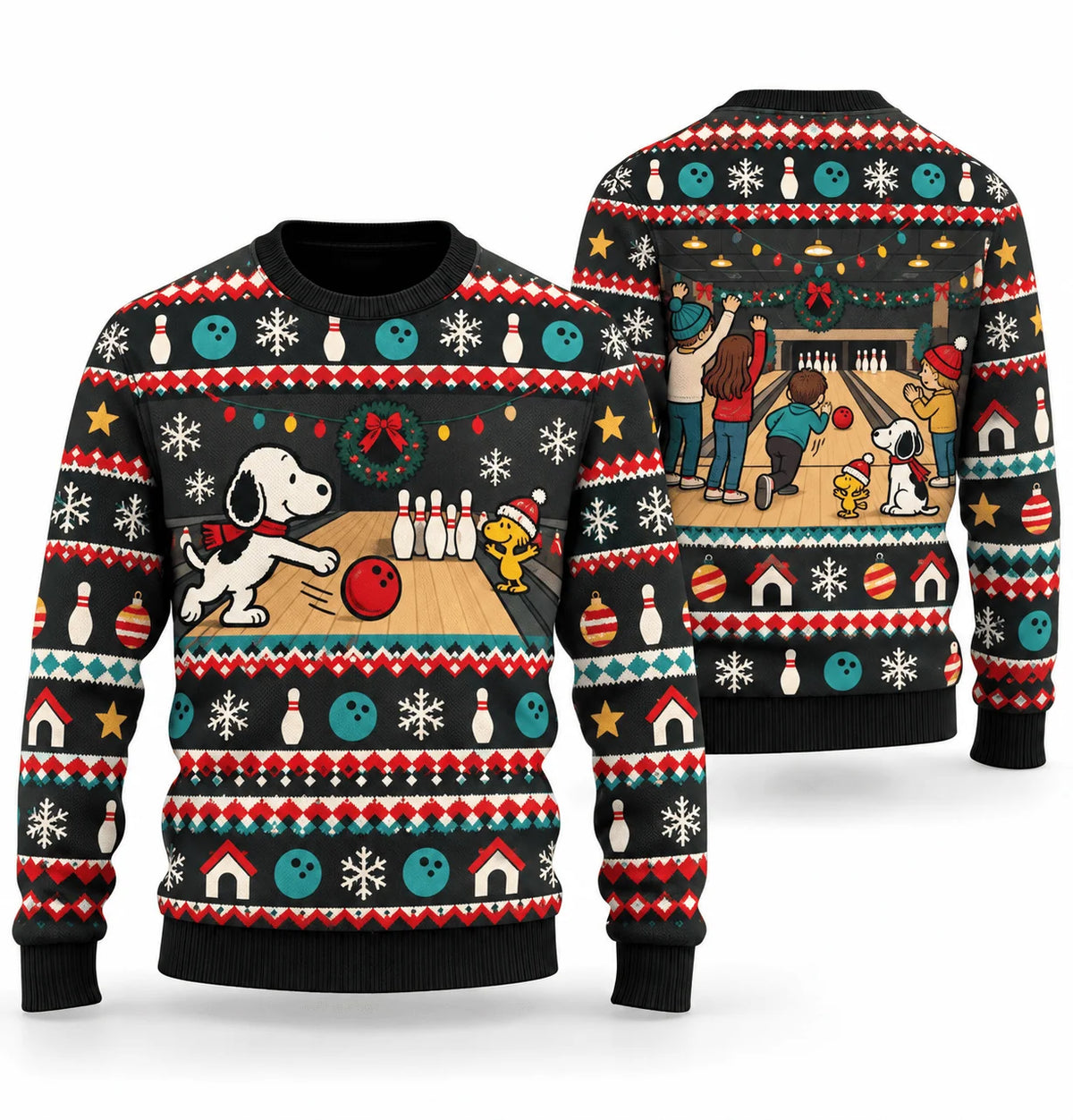 Snoopy Retro Holiday Bowling Night Ugly Christmas Sweater