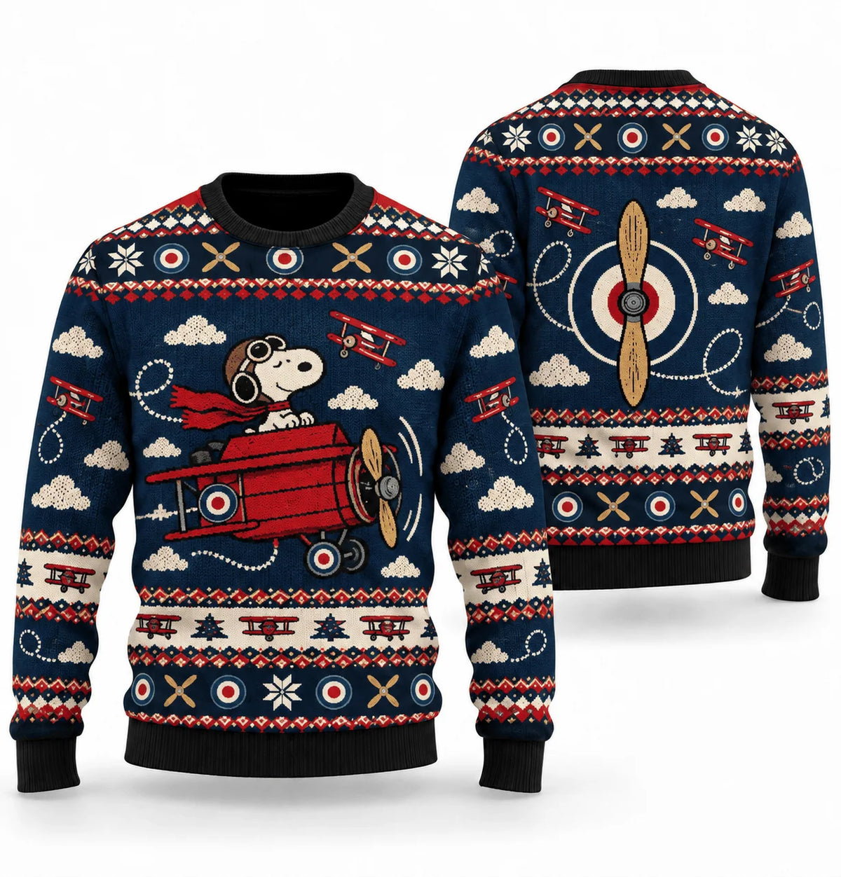 Snoopy Red Baron Cloud Chase Ugly Christmas Sweater