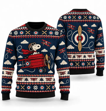 Snoopy Red Baron Cloud Chase Ugly Christmas Sweater