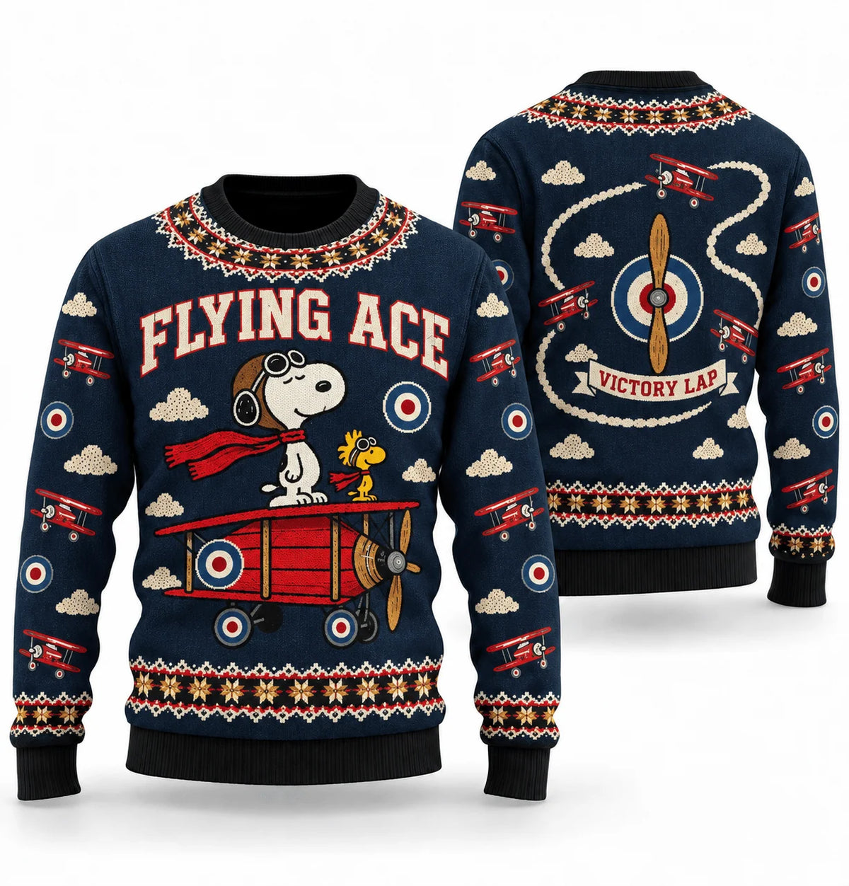Snoopy Red Baron Victory Lap Ugly Christmas Sweater