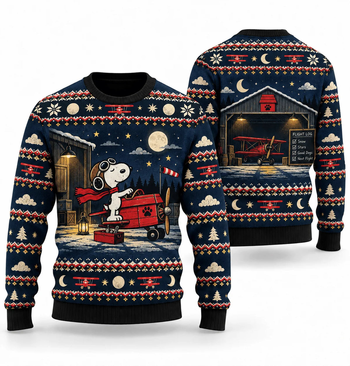 Snoopy Red Baron Midnight Hangar Ugly Christmas Sweater