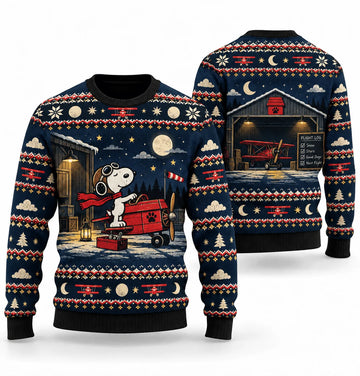 Snoopy Red Baron Midnight Hangar Ugly Christmas Sweater