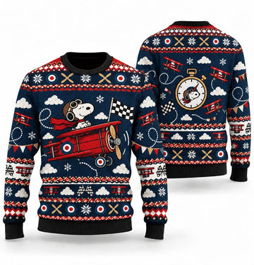 Snoopy Red Baron Race Day Ugly Christmas Sweater