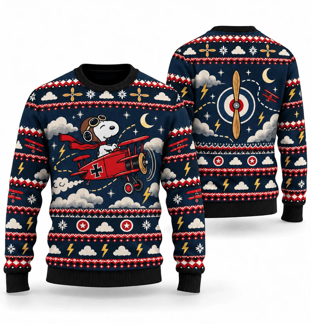 Snoopy Red Baron Thundercloud Chase Ugly Christmas Sweater