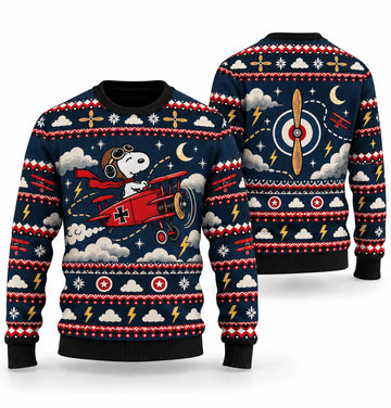 Snoopy Red Baron Thundercloud Chase Ugly Christmas Sweater
