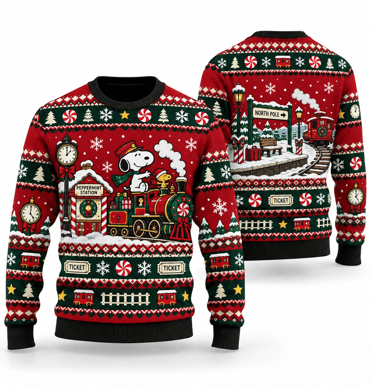 Snoopy Peppermint Station Departure Ugly Christmas Sweater