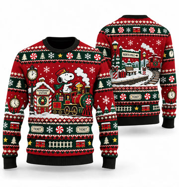 Snoopy Peppermint Station Departure Ugly Christmas Sweater