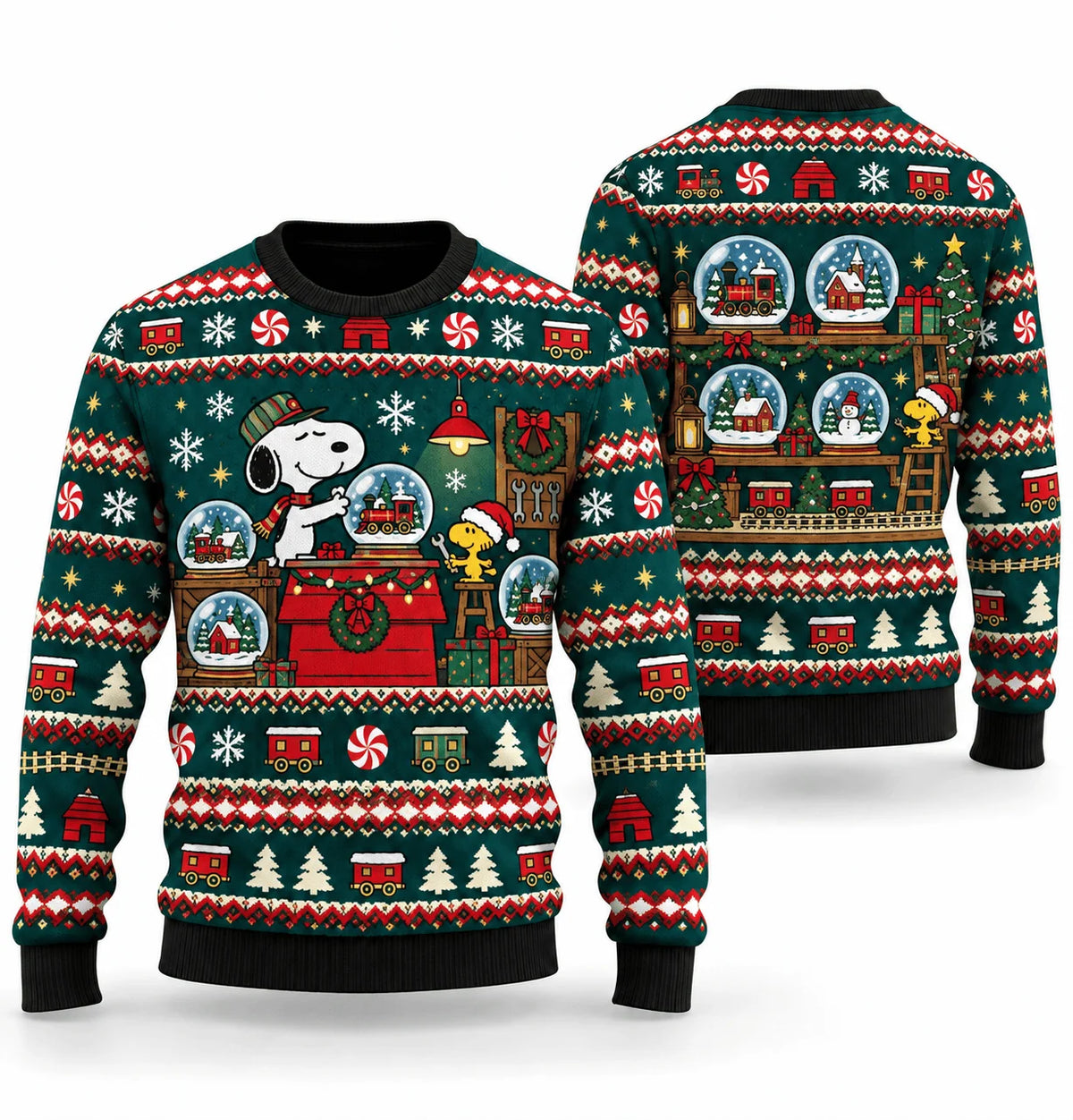 Snoopy Snow Globe Railway Workshop Ugly Christmas Sweater