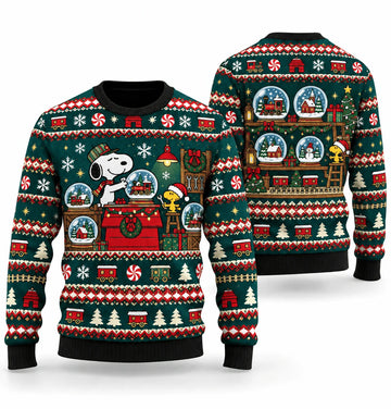 Snoopy Snow Globe Railway Workshop Ugly Christmas Sweater