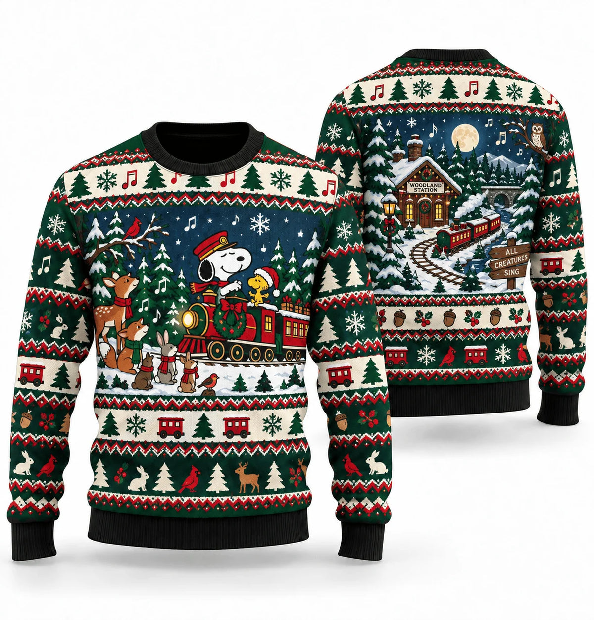 Snoopy Woodland Carol Train Ugly Christmas Sweater