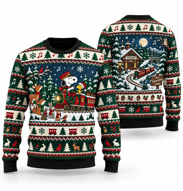 Snoopy Woodland Carol Train Ugly Christmas Sweater