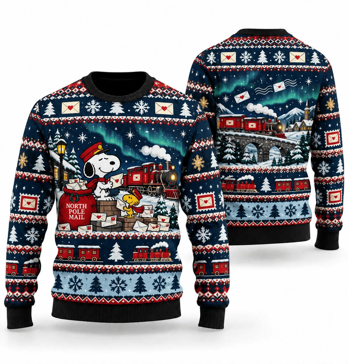 Snoopy North Pole Mail Train Ugly Christmas Sweater
