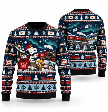 Snoopy North Pole Mail Train Ugly Christmas Sweater