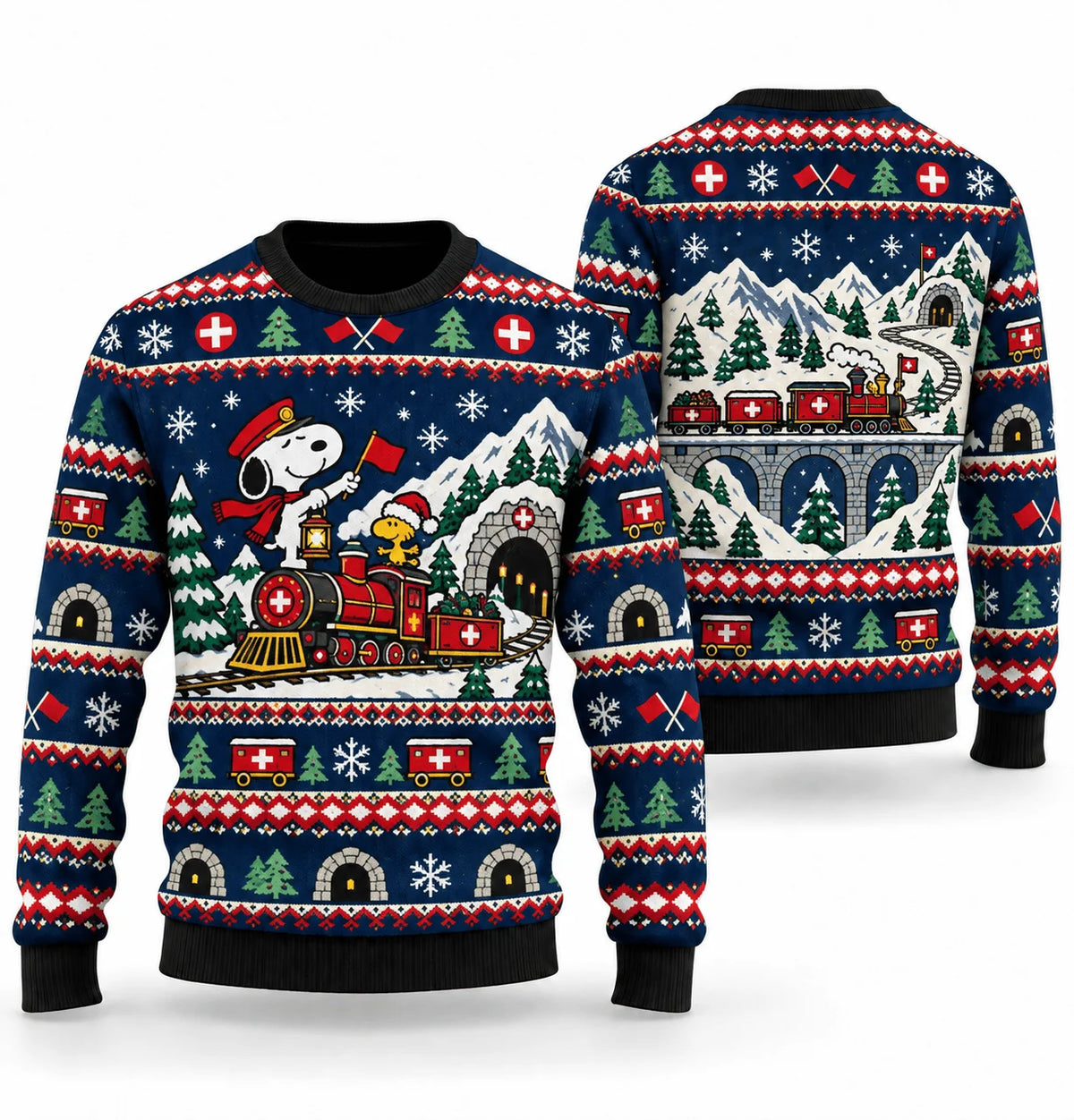 Snoopy Mountain Tunnel Rescue Train Ugly Christmas Sweater