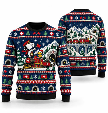 Snoopy Mountain Tunnel Rescue Train Ugly Christmas Sweater