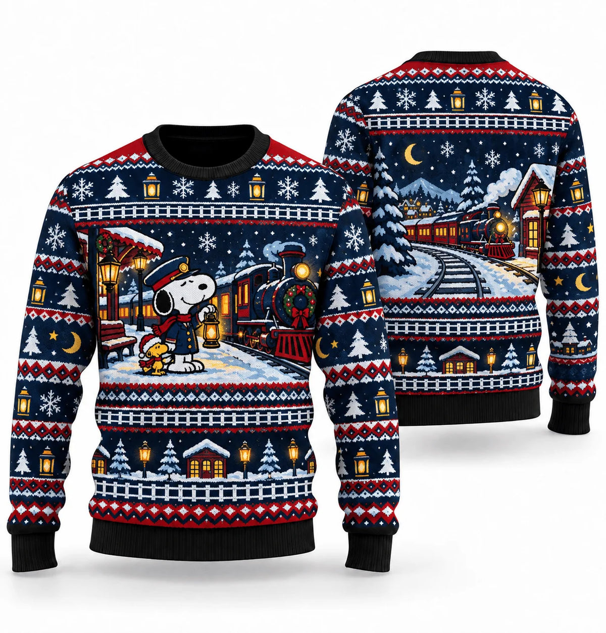 Snoopy Lantern Night Railway Ugly Christmas Sweater