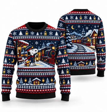 Snoopy Lantern Night Railway Ugly Christmas Sweater