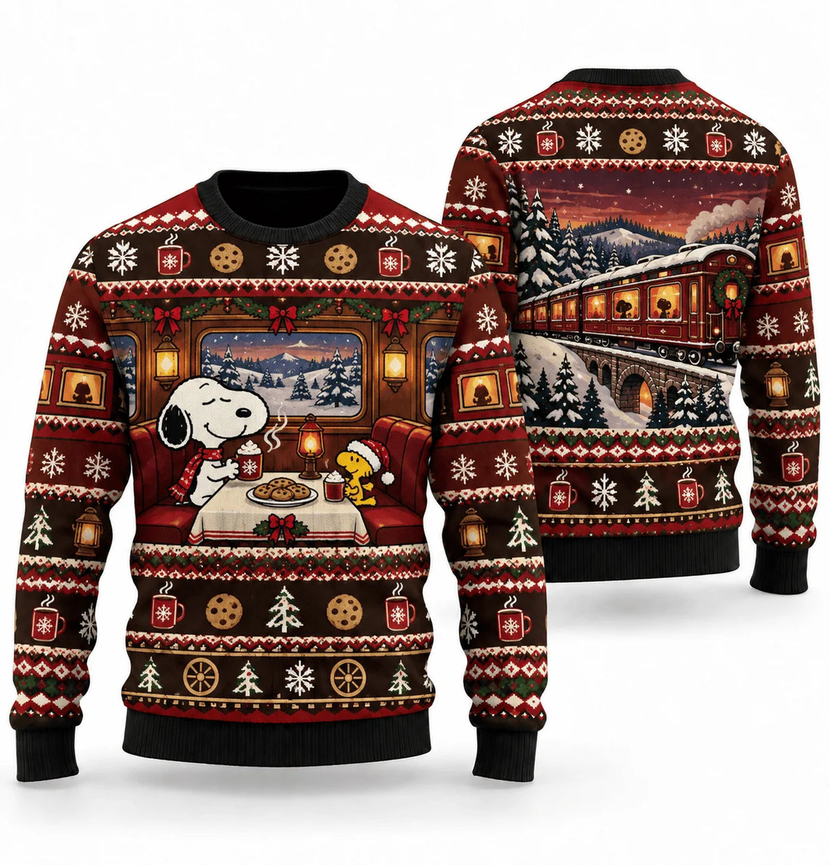 Snoopy Cocoa Dining Car Ugly Christmas Sweater