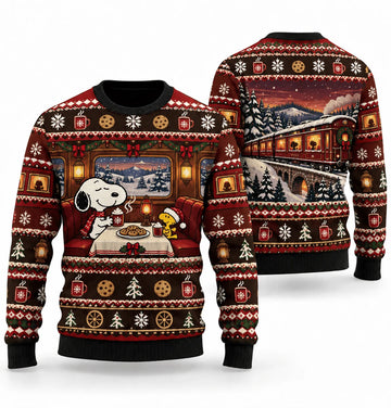 Snoopy Cocoa Dining Car Ugly Christmas Sweater